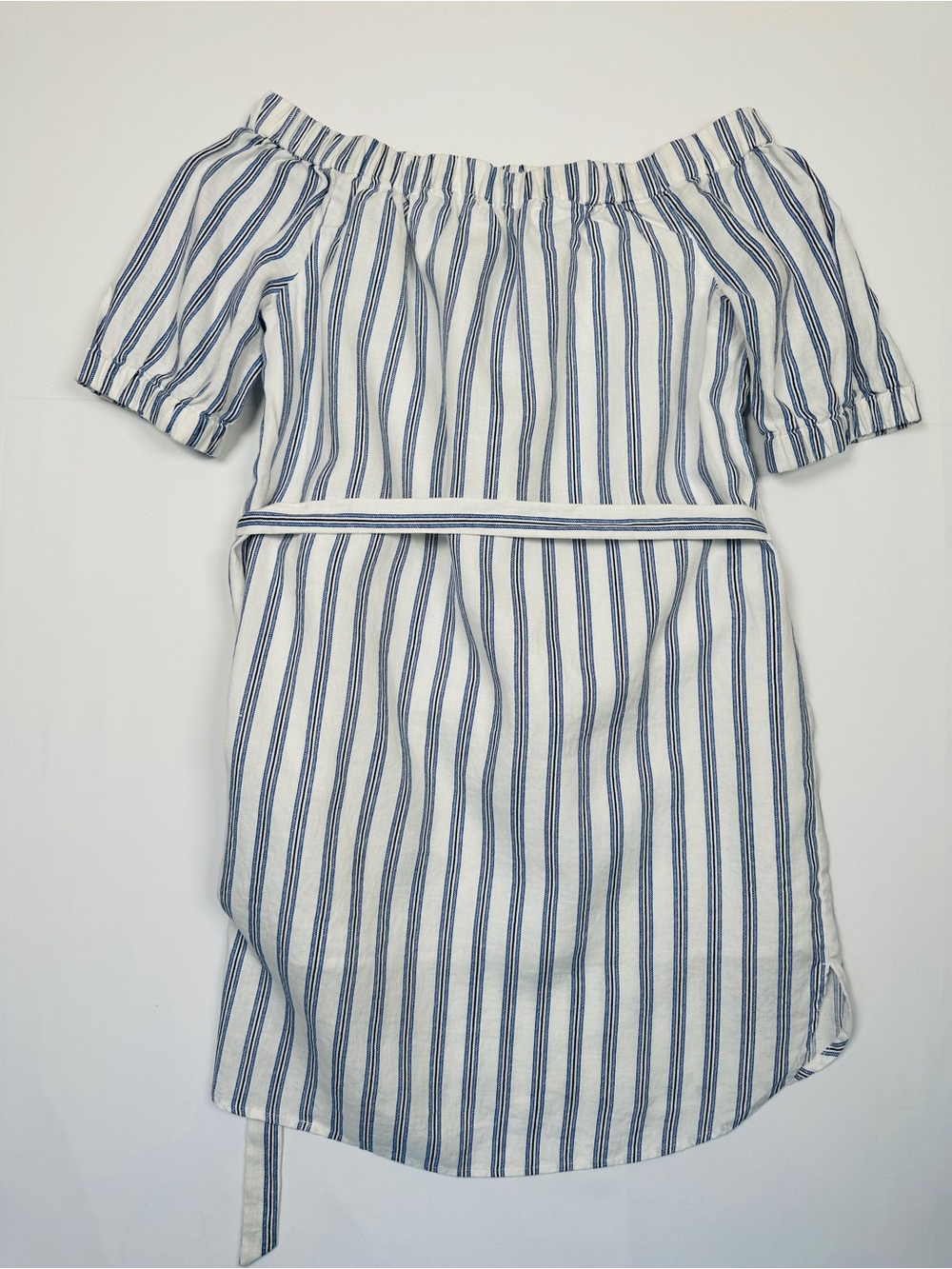 Michael Michael Kors Off Shoulder 100% Linen Mini Dress Blue White Stripe Size M - Picture 7 of 8